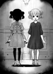  2girls 4shi bangs blood blood_on_clothes blood_on_face blood_on_leg commentary_request dango-chan_(4shi) dress frilled_skirt frills greyscale hair_bun highres holding_hands indoors monochrome multiple_girls neck_ribbon original puffy_sleeves ribbon shadow_(shadows_house) shadows_house shirt short_hair skirt socks solo 