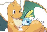  :&gt; =3 claws closed_eyes closed_mouth commentary_request dragonite grey_eyes highres holding holding_pokemon koke_ojisan no_humans pokemon pokemon_(creature) simple_background smile sobble tearing_up white_background 
