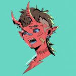  1boy absurdres ale55 bandaid bandaid_on_face bandaid_on_nose blue_background blue_eyes commentary dated demon_boy demon_horns earrings fangs gold_teeth highres horns jewelry looking_at_viewer male_focus original pointy_ears short_hair signature simple_background solo thorns 