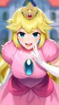  1girl bangs blonde_hair blue_eyes blurry blurry_background blush breasts cowboy_shot crown depth_of_field dress elbow_gloves english_commentary eyelashes gloves hand_up highres large_breasts leaning_forward long_hair looking_at_viewer open_mouth pink_dress pink_lips princess_peach puffy_short_sleeves puffy_sleeves sasoura shadow shiny shiny_hair short_sleeves sidelocks solo standing super_mario_bros. teeth tongue upper_teeth 