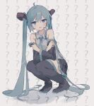  ? @_@ absurdly_long_hair absurdres aqua_eyes aqua_hair aqua_necktie bare_shoulders black_footwear black_skirt black_sleeves blush boots breasts chestnut_mouth commentary confused crossed_arms detached_sleeves embarrassed full_body grey_background grey_shirt hatsune_miku highres long_hair looking_at_viewer medium_breasts necktie o_(jshn3457) open_mouth pleated_skirt shadow shirt simple_background skirt squatting sweat symbol-only_commentary thigh_boots twintails very_long_hair vocaloid 