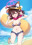  1girl :d absurdres animal_ear_fluff animal_ears arm_up bangs bare_legs beach blue_archive brown_hair halo highres izuna_(blue_archive) izuna_(swimsuit)_(blue_archive) looking_at_viewer one_eye_closed open_mouth smile solo yukki_bunny 