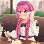  bright_background cake_slice cave eating hairbraid ice_cream long_braid long_dress long_hair pancake pink_hair violet_eyes white_dress 