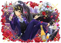  1girl alpha_transparency black_hair black_vest bottle bow bucket closed_mouth collared_shirt crossdressing crossed_legs cup dress_shoes drink drinking_glass flower formal holding holding_drink holding_flower horns ice_bucket jewelry lapel_pin lapels long_hair looking_at_viewer necklace notched_lapels official_alternate_costume official_art one_eye_closed oni_horns pants petals ponytail purasu_no_konbu purple_pants purple_suit rose rose_petals shirt sitting smile solo sparkle suit suzuka_(housamo) thick_eyebrows third-party_source tokyo_afterschool_summoners transparent_background vest white_bow white_shirt yellow_eyes yellow_horns 