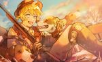  1boy black_gloves blonde_hair blue_eyes blue_sky clouds dog fur_collar gloves gun hair_between_eyes hand_on_animal hat holding holding_gun holding_weapon hunting_rifle kagamine_len knees_up looking_at_animal necktie nunosei open_mouth orange_theme outdoors rifle short_ponytail sitting sky snowflakes solo teeth upper_teeth vocaloid weapon yellow_necktie 