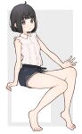  1girl 1ssakawaguchi absurdres ahoge barefoot belt black_hair blue_eyes bob_cut highres looking_at_viewer original shirt short_hair short_shorts shorts simple_background sitting sleeveless sleeveless_shirt solo 