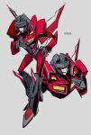  decepticon grey_background hand_on_hip hand_on_own_chest highres leaning_forward mecha multiple_views open_mouth red_eyes robot science_fiction shoulder_cannon smile starscream transformers transformers_armada uchikaze 