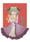  +_+ 1girl absurdres animal_ears blush dog_ears dog_tail dress drooling food green_eyes green_hair hair_between_eyes highres holding holding_food kasodani_kyouko long_sleeves open_mouth pink_dress seastar short_hair smile solo sparkle sweet_potato tail touhou 