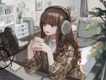 1girl absurdres brown_eyes brown_hair cup elbows_on_table hashimoto_kokai headphones highres holding holding_cup indoors keyboard_(computer) long_hair microphone mug official_art open_mouth original plaid plaid_shirt plant potted_plant shirt solo table upper_body wavy_hair 