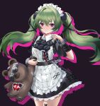  1girl absurdres apron bingliovo blush closed_mouth corin_wickes green_hair highres long_hair looking_at_viewer maid maid_apron maid_headdress short_sleeves smile solo stuffed_animal stuffed_toy teddy_bear twintails violet_eyes zenless_zone_zero 
