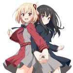  2girls :d absurdres bangs belt black_hair blonde_hair blue_belt blue_dress blue_ribbon blush bob_cut closed_mouth collared_shirt commentary_request dress felutiahime green_ribbon grey_dress hair_ribbon highres holding_hands inoue_takina long_hair looking_at_viewer looking_to_the_side lycoris_recoil lycoris_uniform multiple_girls neck_ribbon nishikigi_chisato open_mouth pleated_dress red_belt red_dress red_eyes red_ribbon ribbon school_uniform shirt short_hair simple_background smile teeth two-tone_dress upper_teeth violet_eyes white_background white_shirt 