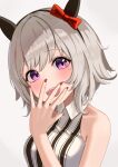  1girl animal_ears blush breasts commentary_request curren_chan_(umamusume) grayllust grey_hair highres horse_ears horse_girl medium_breasts nail_polish open_mouth portrait short_hair simple_background sleeveless solo translation_request umamusume violet_eyes white_background 