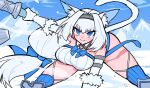  1girl animal_ears blue_eyes breasts dobrynya_nikitich_(fate) elbow_gloves fate/grand_order fate_(series) gloves hacco_mayu highres holding holding_weapon large_breasts leaning_forward long_hair low-tied_long_hair mountainous_horizon smile snow tail thigh-highs thighs war_hammer weapon white_hair 