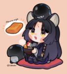  1girl :d aburaage animal_ear_fluff animal_ears arknights bangs bitey_(arknights) black_hair black_kimono blush_stickers bowl braid brown_background chibi chopsticks commentary_request creature cushion daba_(0dbdbx) dog_ears drooling facial_mark food forehead_mark full_body highres holding holding_bowl holding_chopsticks japanese_clothes kimono long_hair long_sleeves on_head pants parted_bangs purple_pants saga_(arknights) saliva seiza sitting smile twitter_username very_long_hair wide_sleeves yellow_eyes zabuton 