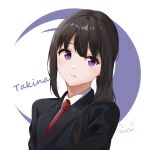  1girl absurdres artist_name azucat black_hair black_suit character_name closed_mouth collared_shirt commentary formal highres inoue_takina long_hair looking_at_viewer lycoris_recoil necktie ponytail red_necktie shirt solo suit upper_body violet_eyes 