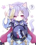  :o ? animal_ear_fluff animal_ears bead_necklace beads cat_ears cat_tail coin_hair_ornament dress genshin_impact hair_ornament hat hat_removed headwear_removed highres jewelry jiangshi necklace ofuda paw_print purple_dress purple_hair purple_headwear qing_guanmao qiqi_(genshin_impact) sasakuea short_hair solo tail talisman violet_eyes vision_(genshin_impact) 