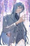  1boy arm_behind_back bishounen buttons flower for_all_time hair_between_eyes highres light_rays long_hair long_sleeves male_focus ru_(famia) solo white_hair wisteria yexuan 