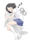  1girl black_hair blue_skirt blush closed_eyes drooling highres holding holding_stuffed_toy kneehighs nichijou ookiiayu open_mouth pleated_skirt shinonome_nano short_sleeves simple_background skirt sleeping smile socks solo stuffed_animal stuffed_shark stuffed_toy white_background white_socks zzz 