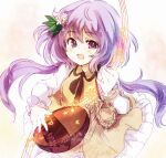  1girl :d bangs beamed_sixteenth_notes biwa_lute dress eighth_note flower hair_flower hair_ornament highres holding holding_instrument instrument ka_(haterun) long_hair long_sleeves looking_at_viewer lute_(instrument) music musical_note one-hour_drawing_challenge open_mouth playing_instrument purple_hair quarter_note smile solo touhou tsukumo_benben violet_eyes yellow_dress 