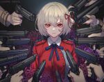  1girl 6+others at_gunpoint bandaid bandaid_on_face bangs blonde_hair blue_ribbon bob_cut closed_mouth collared_shirt copyright_name dress flower grey_dress gun hair_ribbon handgun highres holding holding_gun holding_weapon john_wick looking_at_viewer lycoris_recoil lycoris_uniform multiple_others nairobi_song neck_ribbon nishikigi_chisato parody pleated_dress red_dress red_eyes red_ribbon ribbon school_uniform serious shirt short_hair solo_focus spider_lily two-tone_dress upper_body weapon white_shirt 