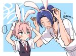  1boy 1girl admiral_(kancolle) animal_ears blue_eyes commentary_request dress_shirt fake_animal_ears gloves grey_vest kantai_collection neck_ribbon pink_hair ponytail r-king rabbit_ears red_ribbon ribbon school_uniform shiranui_(kancolle) shirt short_hair short_ponytail short_sleeves twitter_username upper_body vest white_gloves white_shirt 