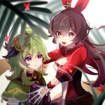  2girls :d absurdres amber_(genshin_impact) brown_eyes brown_hair closed_mouth collei_(genshin_impact) genshin_impact gloves green_hair highres hug linnoko long_hair long_sleeves looking_at_another looking_at_viewer multiple_girls open_mouth palm_leaf palm_tree smile tree violet_eyes white_background 