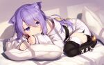  1girl absurdres animal_ears belt boots cat_ears earrings highres hololive hololive_indonesia jacket jewelry long_hair moona_hoshinova on_bed pillow purple_hair single_earring thigh_boots traveler_(artbbt) violet_eyes virtual_youtuber white_jacket 