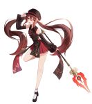  1girl :d absurdres bangs black_headwear black_ribbon black_sleeves brown_hair detached_sleeves floating_hair flower-shaped_pupils full_body genshin_impact hair_between_eyes hat highres holding holding_polearm holding_weapon hu_tao_(genshin_impact) leg_up long_hair long_sleeves looking_at_viewer miniskirt open_mouth pleated_skirt polearm red_eyes red_skirt ribbon sera_narumu shiny shiny_hair simple_background skirt smile socks solo standing standing_on_one_leg symbol-shaped_pupils very_long_hair weapon white_background white_socks 