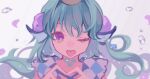  1girl bubble finana_ryugu flower frilled_sailor_collar frills green_hair hair_flower hair_ornament head_fins heart heart_hands highres looking_at_viewer neck_tattoo nijisanji nijisanji_en one_eye_closed portrait purple_flower sailor_collar sakai_eri_(illustratoreri) smile solo tattoo tongue tongue_out virtual_youtuber 