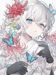  1boy androgynous blue_butterfly blue_eyes bug butterfly facing_away flower gloves highres japanese_clothes kimono looking_at_viewer male_focus namiki_itsuki original parted_lips red_flower short_hair solo spider_lily white_flower white_hair white_kimono yukata 