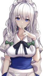  .me 1girl apron blue_dress blue_eyes bow braid dress finger_to_mouth green_bow grey_hair hair_bow highres izayoi_sakuya maid_apron maid_headdress puffy_short_sleeves puffy_sleeves short_sleeves simple_background solo touhou twin_braids waist_apron waist_bow white_apron white_background white_bow 