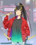  1girl black_hair black_shirt blurry blurry_background bow cowboy_shot glint gradient_shirt hair_ribbon hand_in_pocket high_ponytail holding holding_sword holding_weapon horns jacket katana long_hair looking_at_viewer multiple_swords oni_horns open_mouth pants polka_dot polka_dot_background ponytail purasu_no_konbu red_jacket ribbon sheath shirt shorts sidelocks solo sparkle suzuka_(housamo) sword thick_eyebrows tokyo_afterschool_summoners weapon white_pants yellow_bow yellow_eyes yellow_horns 