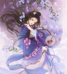  1girl branch brown_hair bug butterfly chinese_clothes eyeshadow facial_mark floral_dress flower forehead_mark hair_ornament hand_fan hanfu holding holding_fan long_hair long_sleeves looking_back lu_c makeup original solo watermark white_background 