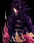  1boy black_background black_hair clawed_gauntlets cloak cloak_removed final_fantasy final_fantasy_vii frown headband highres leather long_hair looking_at_viewer messy_hair one_eye_covered pale_skin red_cloak red_eyes s_hitorigoto3 torn_clothes vincent_valentine 