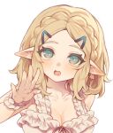  1girl atsuakulove blonde_hair earrings green_eyes jewelry looking_at_viewer open_mouth pointy_ears princess_zelda solo the_legend_of_zelda the_legend_of_zelda:_breath_of_the_wild white_background 