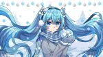  1girl absurdres artist_name bangs bell blue_eyes blue_hair blue_mittens blue_scarf bow christmas_ornaments christmas_tree closed_mouth coat earmuffs fur-trimmed_sleeves fur_trim grey_coat hair_bell hair_between_eyes hair_bow hair_ornament hatsune_miku highres holding jingle_bell long_hair long_sleeves looking_at_viewer mittens plaid plaid_scarf pom_pom_(clothes) pom_pom_hair_ornament scarf smile snow_globe snowflakes snowman solo star_(symbol) upper_body very_long_hair viclim-monou vocaloid white_background white_bow 