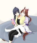  ! 2girls animal_ears black_hair brown_hair carrot_print cellphone closed_eyes collarbone couch female_trainer_(umamusume) food_print frilled_skirt frills high_ponytail highres holding holding_phone hood hooded_jacket horse_ears horse_girl horse_tail hug jacket motion_lines multicolored_hair multiple_girls phone pleated_skirt poteo_(poteo_mot) puffy_short_sleeves puffy_sleeves purple_shirt sailor_collar sailor_shirt school_uniform shiny shiny_hair shirt short_sleeves skirt smartphone smile streaked_hair summer_uniform tail thigh-highs tokai_teio_(umamusume) tracen_school_uniform umamusume white_hair white_skirt white_thighhighs wiggling_toes yellow_jacket yuri 