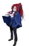  1girl argalia_(library_of_ruina) argalia_(library_of_ruina)_(cosplay) ascot black_footwear black_pants blue_cape blue_jacket cape collared_cape commentary cosplay full_body gebura_(project_moon) gold_trim grey_eyes hair_ornament hand_in_pocket heterochromia highres jacket library_of_ruina looking_at_viewer mu46016419 pants ponytail project_moon redhead scar scar_on_face simple_background solo symbol-only_commentary white_ascot white_background yellow_eyes 