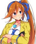  1girl ace_attorney athena_cykes bangs black_gloves blue_bow blue_eyes blue_necktie bow crossed_arms gloves hair_between_eyes hair_bow jacket jewelry long_hair necklace necktie open_clothes open_jacket orange_hair partially_fingerless_gloves shirt side_ponytail sk02 smile solo teeth upper_body white_background white_shirt yellow_jacket 
