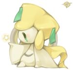  1other arm_up artist_name blush colored_skin commentary english_commentary from_side full_body green_eyes jirachi light_blush lowres other_focus pokemon pokemon_(creature) profile puddingx2 signature simple_background sitting solo star_(symbol) white_background white_skin 
