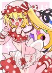  1girl apron bangs bare_hips bare_shoulders blonde_hair blush bow collarbone commentary crystal crystal_wings fang flandre_scarlet frilled_hat frills hair_between_eyes hair_ornament hair_ribbon hairclip hat heart heart_hair_ornament heart_ribbon highres laevatein_(touhou) mob_cap navel op_na_yarou open_mouth pink_background pink_headwear polka_dot polka_dot_bow red_eyes red_ribbon ribbon ribs short_hair side_ponytail skirt solo star_(symbol) touhou v white_ribbon wings 