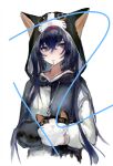  1girl animal_hood arknights black_hair black_sweater blaze_(arknights) blue_eyes cat_girl cat_hood hair_between_eyes hairband highres hood hood_up hooded_sweater long_hair long_sleeves looking_at_viewer mikilo_re mouth_hold official_alternate_costume red_hairband simple_background solo sweater two-tone_sweater upper_body white_background white_sweater 