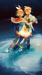  1boy 1girl capelet figure_skating gloves highres ice ice_skates ice_skating kagamine_len kagamine_rin looking_at_viewer looking_back magical_mirai_(vocaloid) magical_mirai_len magical_mirai_len_(2020_winter) magical_mirai_rin magical_mirai_rin_(2020_winter) nunosei orange_capelet skates skating white_gloves 