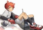  1boy absurdres animal_ears bandages baseball baseball_bat black_bodysuit bodysuit cat_boy cat_ears child gloves highres jacket kemonomimi_mode lying male_child male_focus on_back original red_footwear red_gloves redhead shorts simple_background solo sora_(zwz030) white_background white_jacket white_shorts 