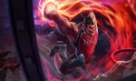  1boy alternate_costume arm_tattoo armpits basket basketball basketball_jersey basketball_uniform biceps darius_(league_of_legends) dunkmaster_darius fantasy fire flaming_hand highres hugenfast league_of_legends male_focus manly mature_male muscular muscular_male official_art outdoors screaming shoes short_hair shorts sky snickers spiky_hair sportswear stadium tattoo teeth thick_arms thick_eyebrows tongue 