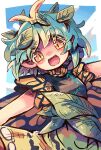  1girl antennae aqua_hair blush brown_eyes butterfly_wings dress eternity_larva fairy green_dress highres leaf leaf_on_head mame_komari multicolored_clothes multicolored_dress one-hour_drawing_challenge open_mouth outstretched_arms short_hair short_sleeves smile solo spread_arms touhou wings 