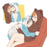  2girls animal_hood bear_hood bear_pajamas blush cheek-to-cheek closed_eyes coldcat. cuddling grey_hair hair_between_eyes heads_together highres hood hood_up hug love_live! love_live!_superstar!! multicolored_hair multiple_girls multiple_views orange_hair panda_hood pink_hair shibuya_kanon sitting sweat tang_keke violet_eyes yuri 