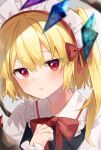  1girl absurdres bangs black_vest blonde_hair blurry blurry_foreground blush bow bowtie collared_shirt crystal flandre_scarlet frilled_shirt_collar frills grey_background hair_bow highres looking_at_viewer maid_headdress one_side_up parted_lips red_bow red_bowtie red_eyes shirt solo suikario touhou upper_body vest white_shirt wings 