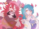  2girls bangs black_gloves blue_hair dragalia_lost fang gloves hair_between_eyes heart heart_hands highres long_hair looking_at_viewer mercury_(dragalia_lost) multicolored_hair multiple_girls mym_(dragalia_lost) oh01861884 one_eye_closed open_mouth red_eyes redhead skin_fang upper_body very_long_hair white_background 