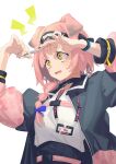  1girl absurdres animal_ears arknights arms_up blue_bow bow braid cat_ears cat_girl coat cutting_hair floppy_ears goldenglow_(arknights) highres holding holding_scissors id_card infection_monitor_(arknights) jacket lightning_bolt_print multicolored_clothes multicolored_jacket no3coral pink_coat pink_hair pink_jacket print_hairband scissors side_braid tearing_up two-tone_coat two-tone_jacket upper_body white_background yellow_eyes 